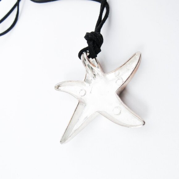 VINTAGE SILVER STAR METAL PENDANT NECKLACE Black Leather Lace Summer Jewelry - Picture 4 of 7